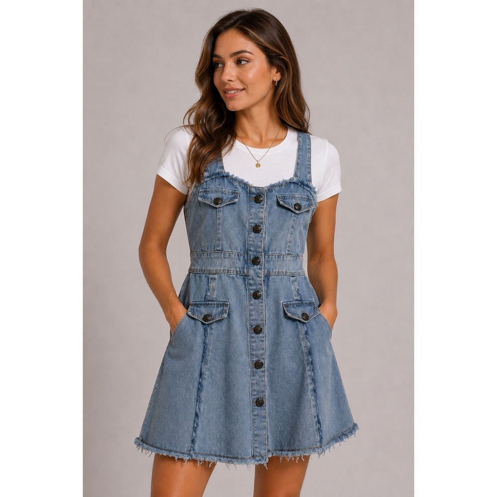 POL Denim Mini Dress Womens Light Blue Distressed Raw Hem Button Front Large